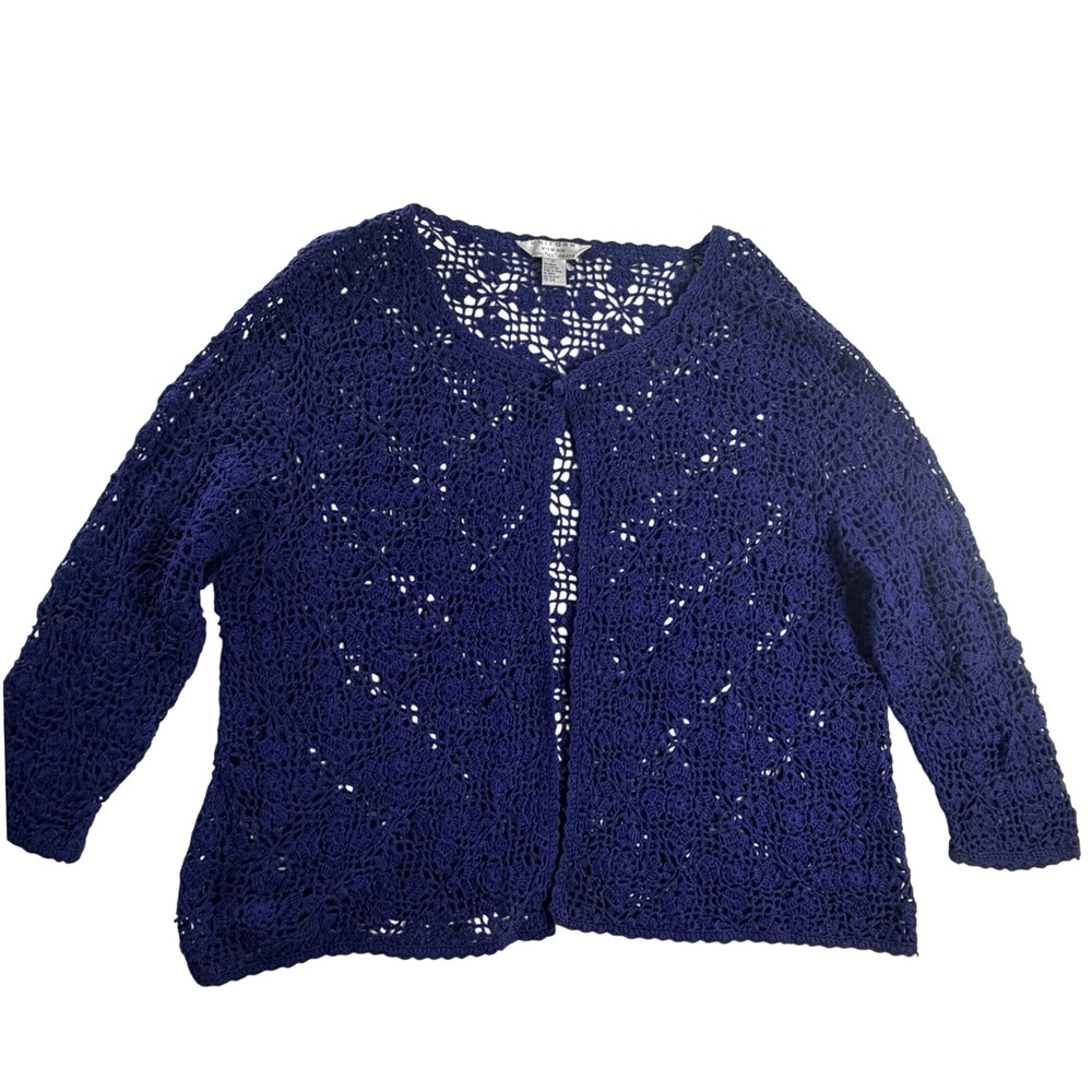Uniform John Paul Richard Blue Crochet Cardigan 2X Ramie Cotton Floral Open Knit